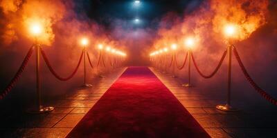 Illuminated red carpet walkway lined with glowing torches and fog creates an elegant entrance atmosphere at night photo