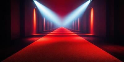 Dramatic hallway illuminated by red and blue lights creates an inviting atmosphere for an event or gathering photo