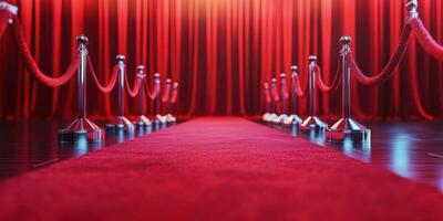 Elegant red carpet lined with stanchions and ropes in a dramatic indoor setting for a special event photo