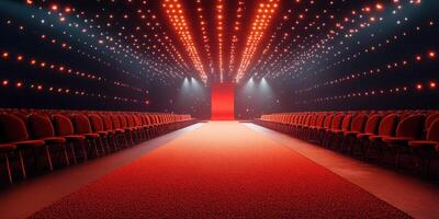 Exciting fashion runway setup featuring red lights and empty seats in a modern venue photo