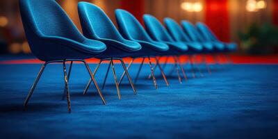 Stylish blue chairs arranged in a modern conference room during a business event photo