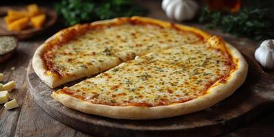 Delicious cheese pizza with golden crust served on a wooden board accompanied by garlic and fresh herbs photo