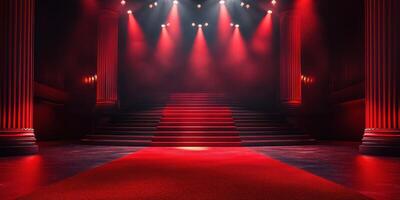 Red carpet setting with dramatic lighting for an event or award ceremony at night photo