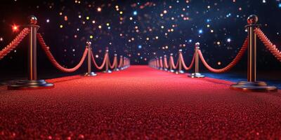Elegant red carpet with stanchions leading to a shimmering backdrop at a prestigious event photo