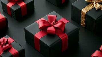 Black Gift Boxes with Red and Gold Ribbons Wallpaper photo