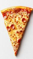 Delicious pepperoni pizza slice with gooey cheese on a white background ready to be enjoyed photo