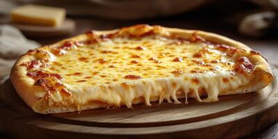 Freshly baked cheese pizza served on a wooden board with gooey melted cheese and golden crust photo