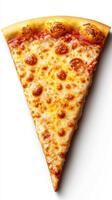 Delicious and cheesy pizza slice with golden crust ready to be enjoyed photo