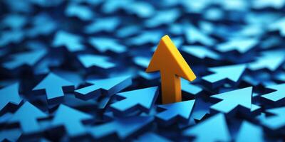 Bright yellow arrow stands out among numerous blue arrows in a dense pattern of directional symbols photo