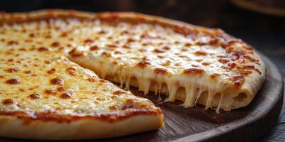Delicious cheese pizza served on a wooden board with melted cheese and crispy crust ready to enjoy photo