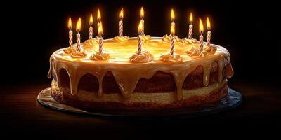 Delicious cake topped with candles prepared for a festive celebration at night photo