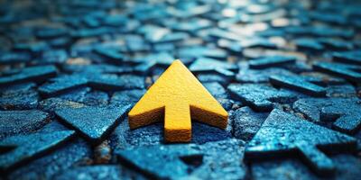 Yellow arrow pointing on textured blue surface with scattered directional signs at midday photo