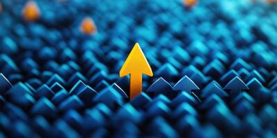 Unique pattern of three-dimensional arrows with one yellow arrow pointing upwards among blue arrows showing growth and progress photo