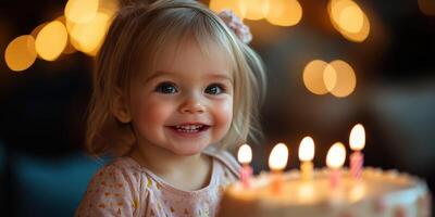 Smiling toddler celebrates birthday with cake and candles in cozy, warmly lit environment photo