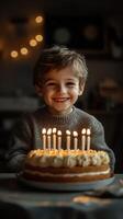 Happy child celebrating birthday with cake and candles in cozy indoor setting during evening light photo
