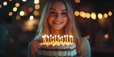 Woman smiles joyfully while holding a birthday cake surrounded by warm lights and celebration at an evening gathering photo