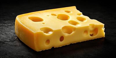 Yellow cheese with holes displayed on a dark background showcasing its texture and color photo