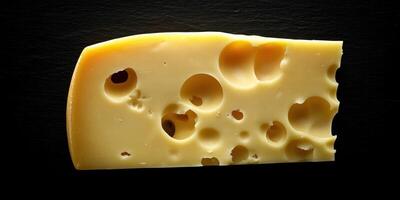 Cheese wedge with holes on a dark background showcasing its texture and color photo