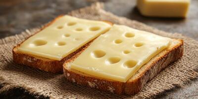Slices of cheese on brown bread on a rustic burlap surface illuminated by soft light in a kitchen setting photo