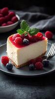 Creamy cheesecake topped with mixed berries served on a dark plate with fresh mint photo