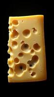 Richly textured yellow cheese with distinct holes on a dark background photo