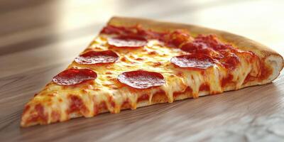Delicious slice of pepperoni pizza sits on a wooden table ready to be enjoyed photo