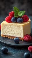 Creamy cheesecake topped with fresh raspberries and blueberries served on a dark plate photo