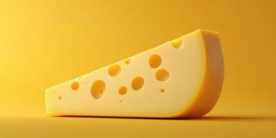 Delicious yellow cheese wedge with distinctive holes on a vibrant yellow background highlighting its texture and color photo