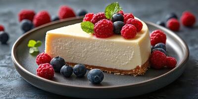 Delicious cheesecake slice topped with fresh raspberries and blueberries on a dark plate photo