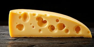 Slice of cheese with holes displayed on a dark surface highlighting its texture and color photo