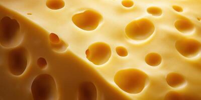 Close-up view of cheese texture showcasing distinct holes and creamy surface in a well-lit setting displaying intricate patterns photo