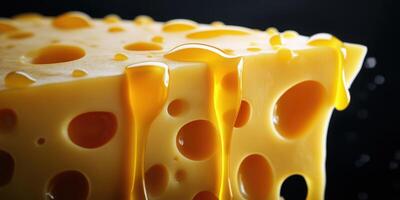 Melted cheese drips from a block creating an appetizing and creamy texture against a dark background photo