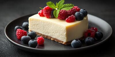 Delicious cheesecake topped with fresh raspberries and blueberries served on a black plate photo