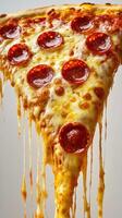 Delicious pepperoni pizza slice with melted cheese and dripping toppings during a casual dining experience photo