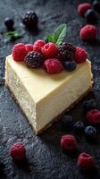 Delicious slice of cheesecake topped with fresh berries on a dark textured surface photo
