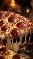 Cheese and pepperoni pizza being pulled away from the pan in a cozy dining setting during evening hours photo