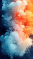 Vibrant smoke clouds mixing in shades of orange, white, and blue creating an artistic effect during an indoor event photo