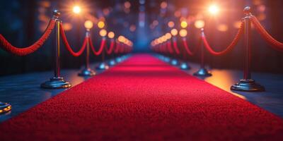 Elegant red carpet pathway lined with ropes and lights in a glamorous setting at night photo