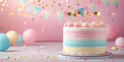 Colorful layered cake with decorations celebrating a special occasion in a festive setting photo