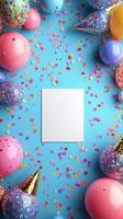 Bright and festive celebration setup featuring colorful balloons and confetti on a blue background photo
