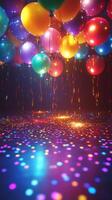 Colorful balloons and vibrant lights create a festive atmosphere for a celebration in an indoor setting photo