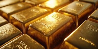Gold bars stacked in a secure vault reflecting warm light during a financial transaction in a bustling city center photo