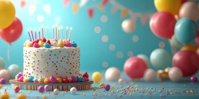 Colorful birthday cake with candles surrounded by balloons and festive decorations at a joyful celebration photo