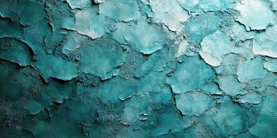 Textured blue-green wall surface with peeling paint revealing layers underneath during daylight photo