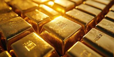 Gleaming gold bars stacked with precision under warm lighting in a secure vault setting photo