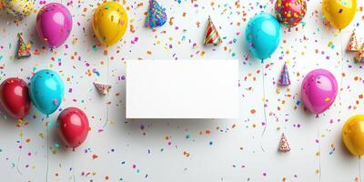 Colorful balloons and confetti surround a blank space for celebration messages at a festive party setting photo