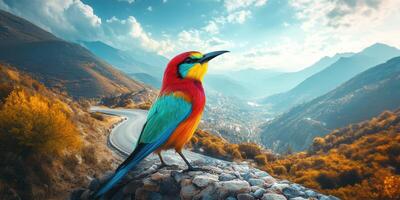 Colorful bird stands majestically on a rock with a breathtaking mountain landscape in the background during a sunny day photo