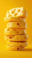Stacked yellow cheese slices against a bright yellow background showcasing texture and color photo