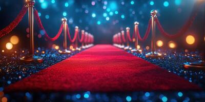 Red carpet event with elegant lighting and velvet ropes creating a glamorous entrance for guests in a festive atmosphere photo