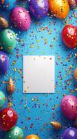 Colorful party decorations with balloons and confetti on a bright blue background for celebration or event invitation design photo